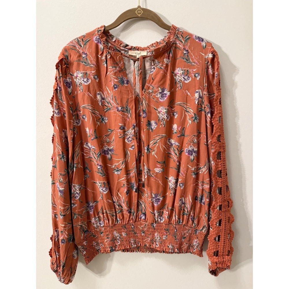 Easel Los Angeles Floral Long Sleeve Blouse  Women Size S Crochet Detail